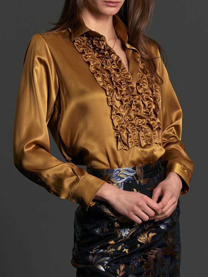 Women's Ruffle Front Silk Shirt in Gold - Nigel Curtiss