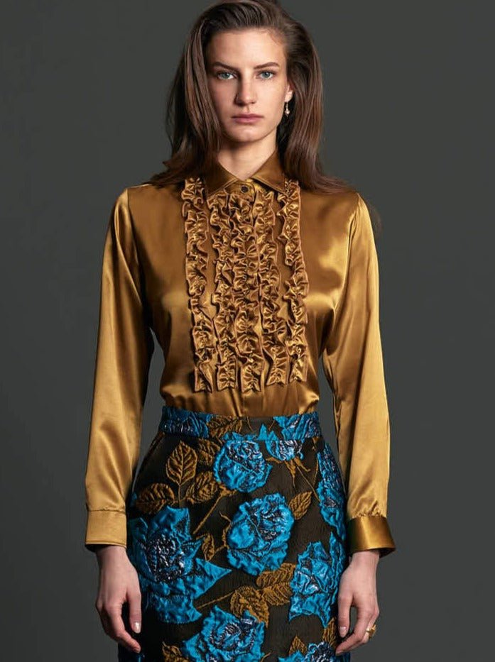 Women's Ruffle Front Silk Shirt in Gold - Nigel Curtiss