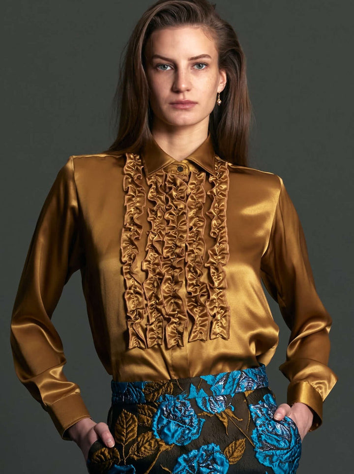 Women's Ruffle Front Silk Shirt in Gold - Nigel Curtiss