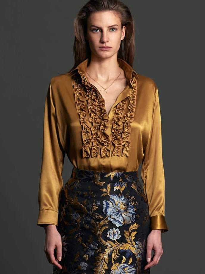 Women's Ruffle Front Silk Shirt in Gold - Nigel Curtiss