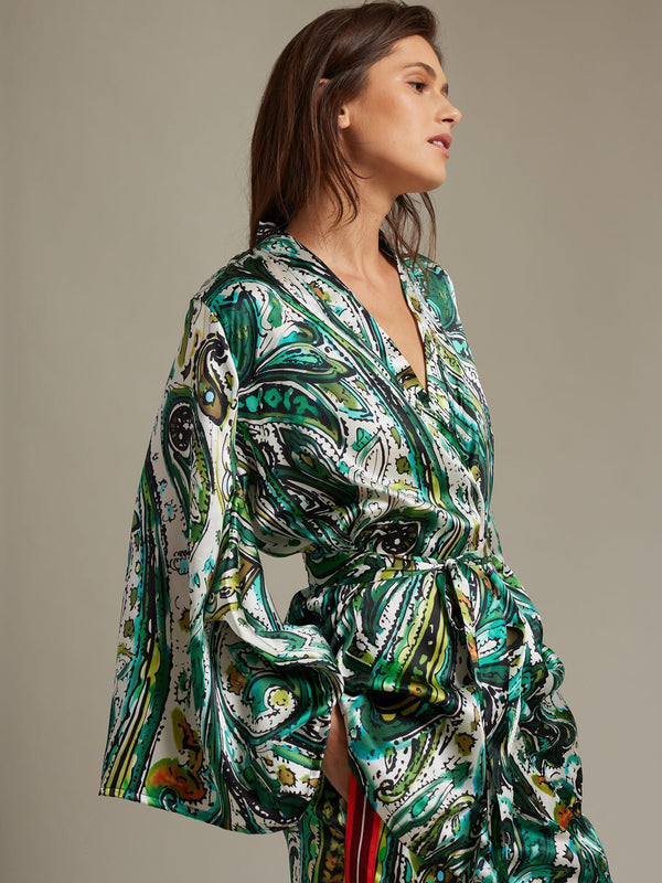 Women's Short Kimono Wrap in Emerald Paisley - Nigel Curtiss