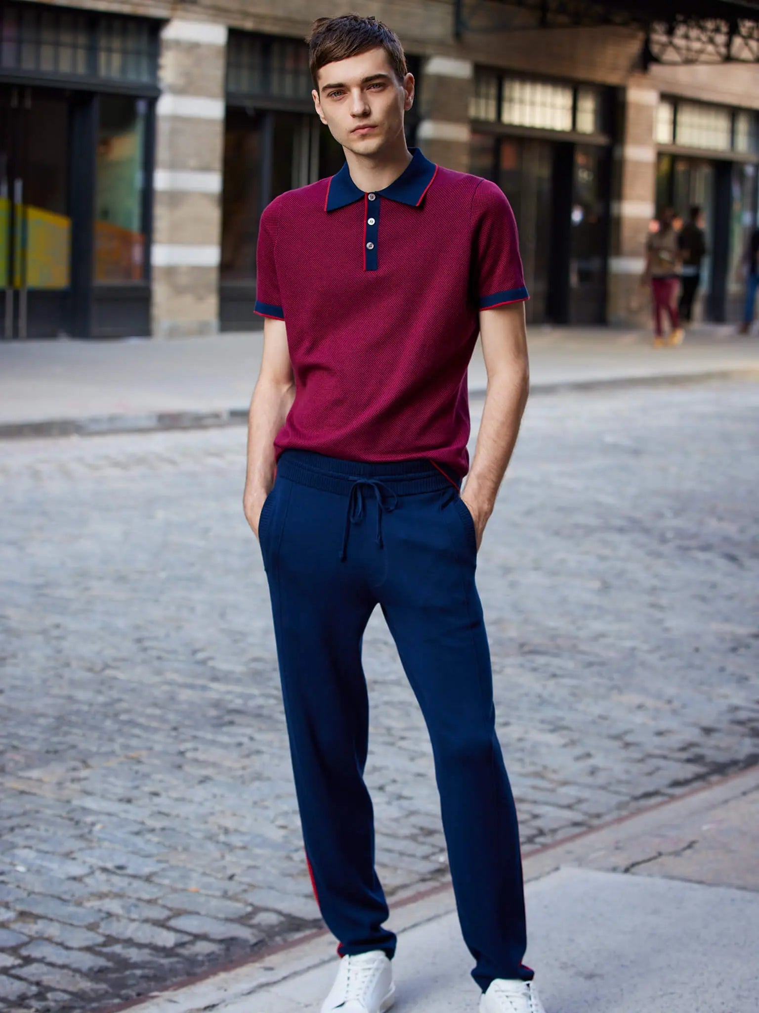 Red shirt and navy best sale blue pants