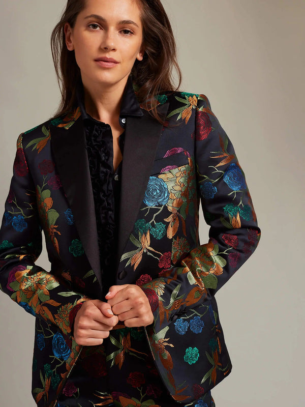 Women's Black Floral Brocade Tuxedo Jacket | Made To Order - Nigel Curtiss