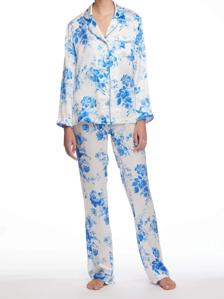 Women’s Blue Romance Silk Pajama Set with Piping, M