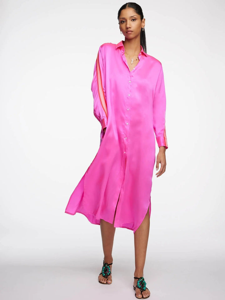 WOMEN'S GLOSSY FUCHSIA PINK SILK SHIRT DRESS WITH – Nigel Curtiss
