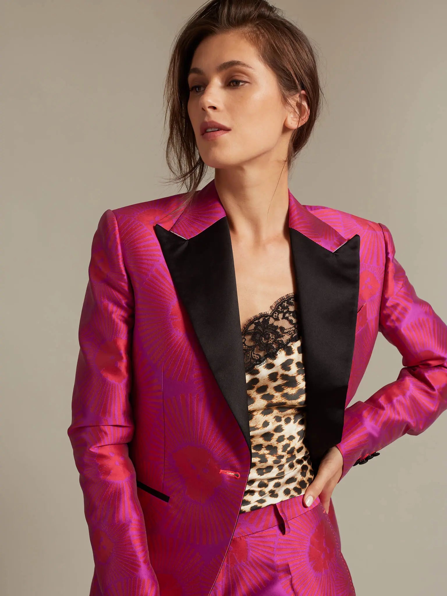 Women's Black Floral Brocade Tuxedo Jacket - Nigel Curtiss