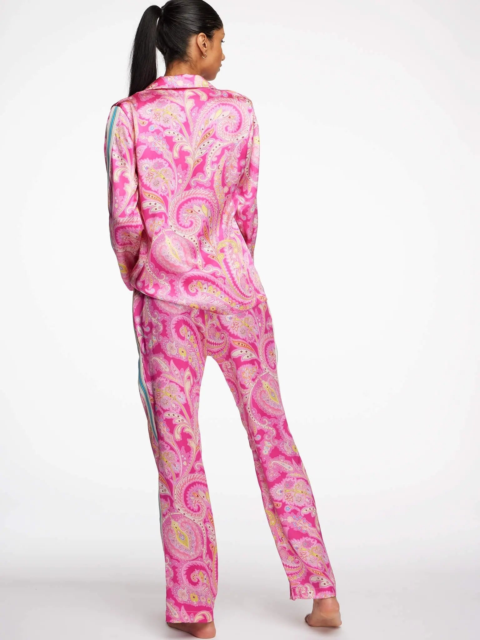 Women s Pink Palm Beach Paisley Silk Pajama Set With Stripe