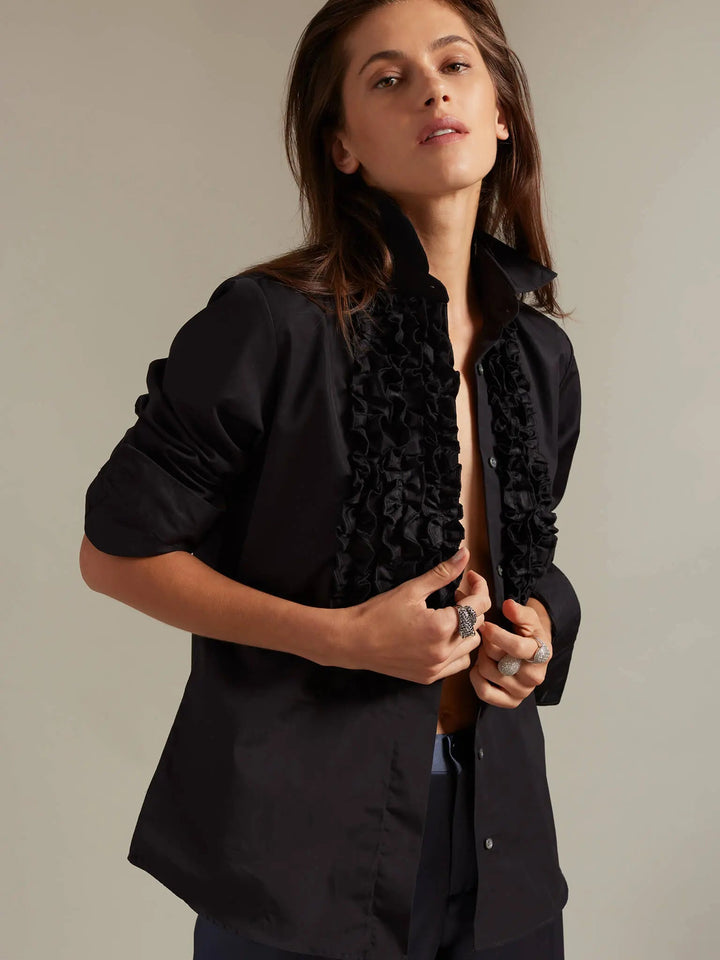 Women's Ruffle Front Silk Shirt In Fuchsia - Nigel Curtiss