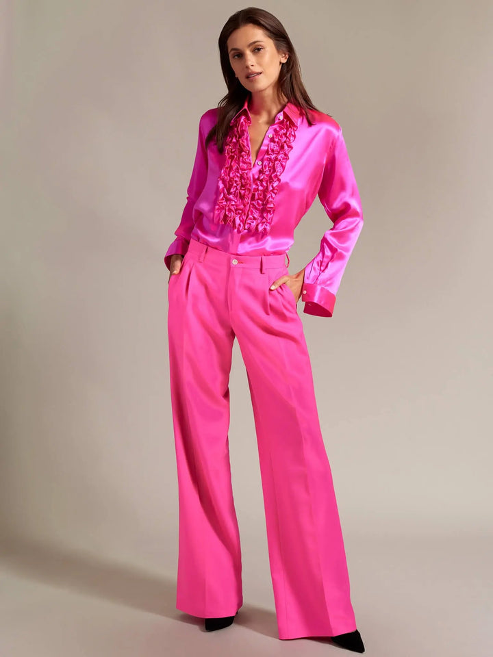 Women's Ruffle Front Silk Shirt In Fuchsia Pink