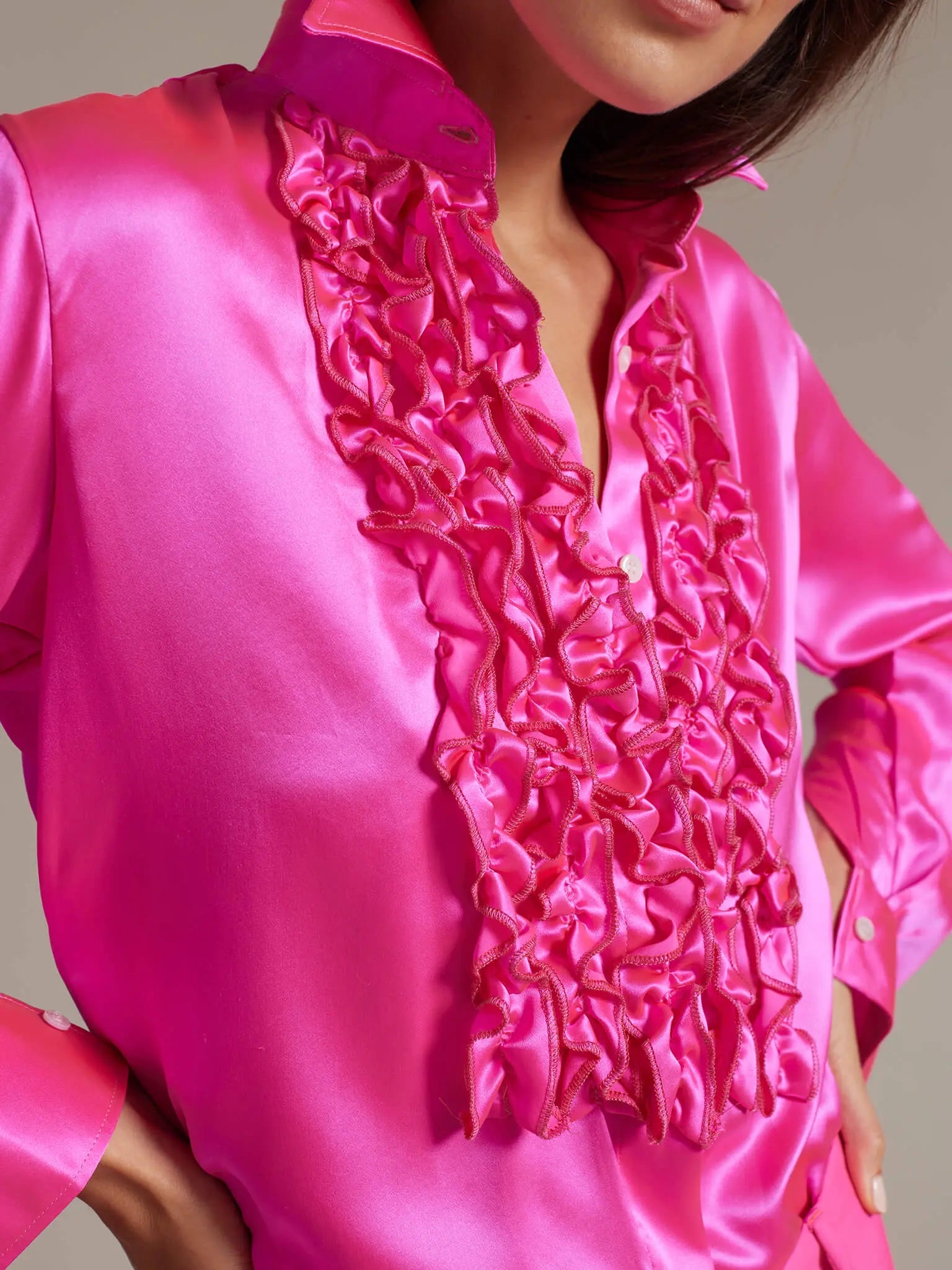 Pink ruffle best sale shirt womens