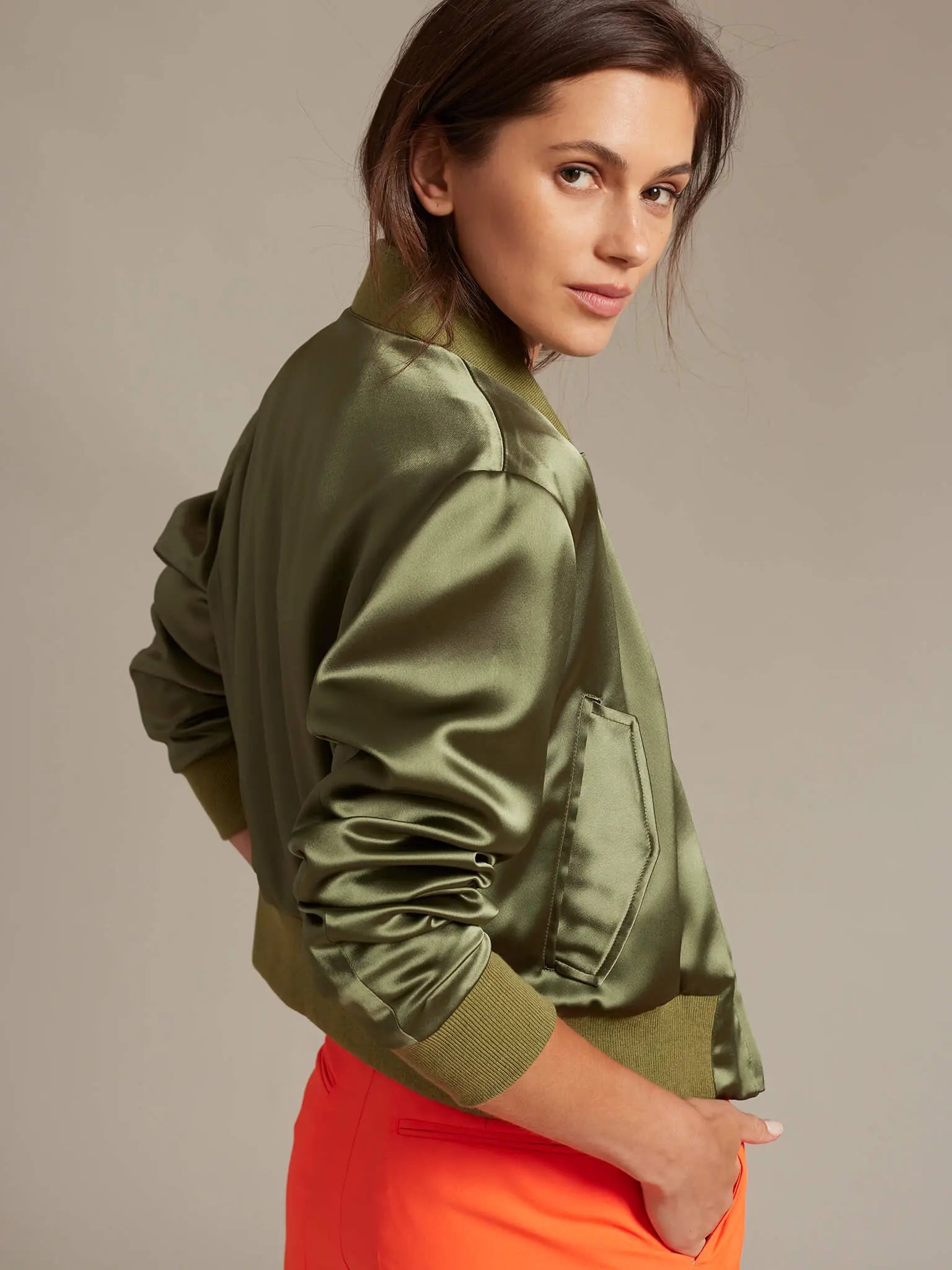 Green satin 2025 bomber jacket womens