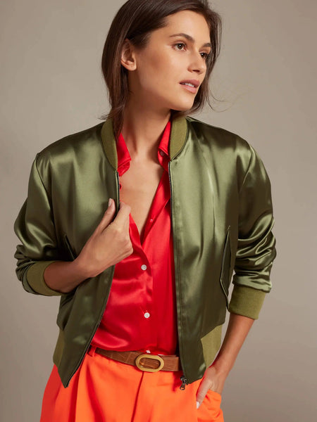 Green silk bomber outlet jacket